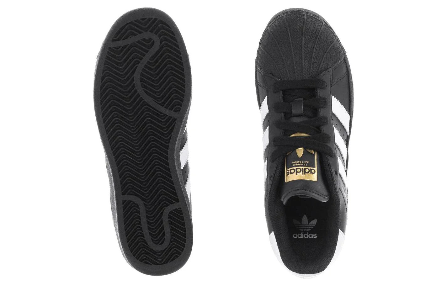 Black Adidas sneakers shown from the top and bottom view on a white background