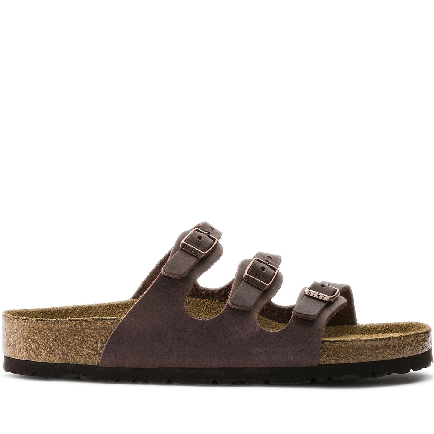 A pair of brown Birkenstock Florida sandals with three adjustable straps and a flat, cushioned sole.