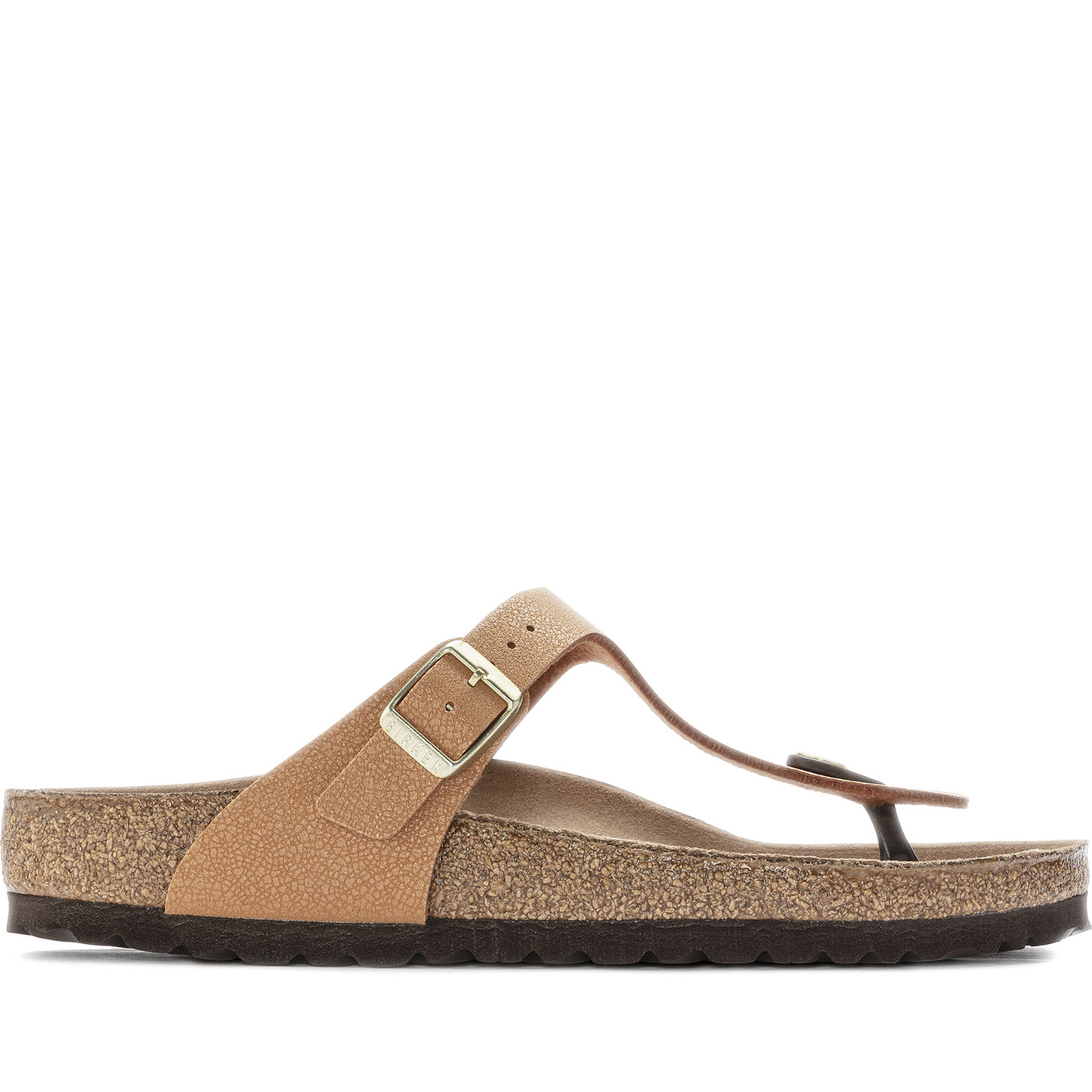 A pair of Birkenstock Gizeh vegan sandals in a pecan color with a brown strappy thong and a metal buckle.