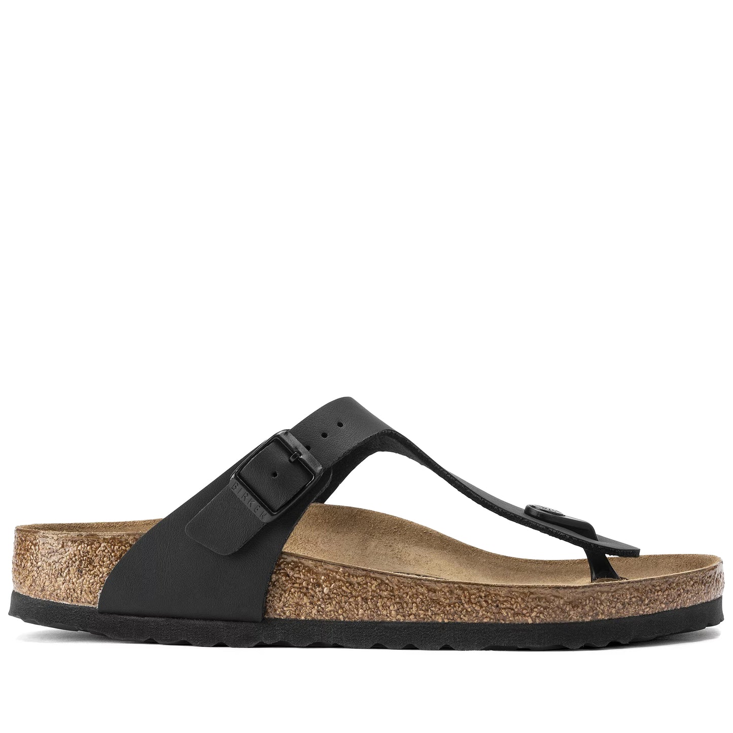 Black sandal with cork sole on a white background