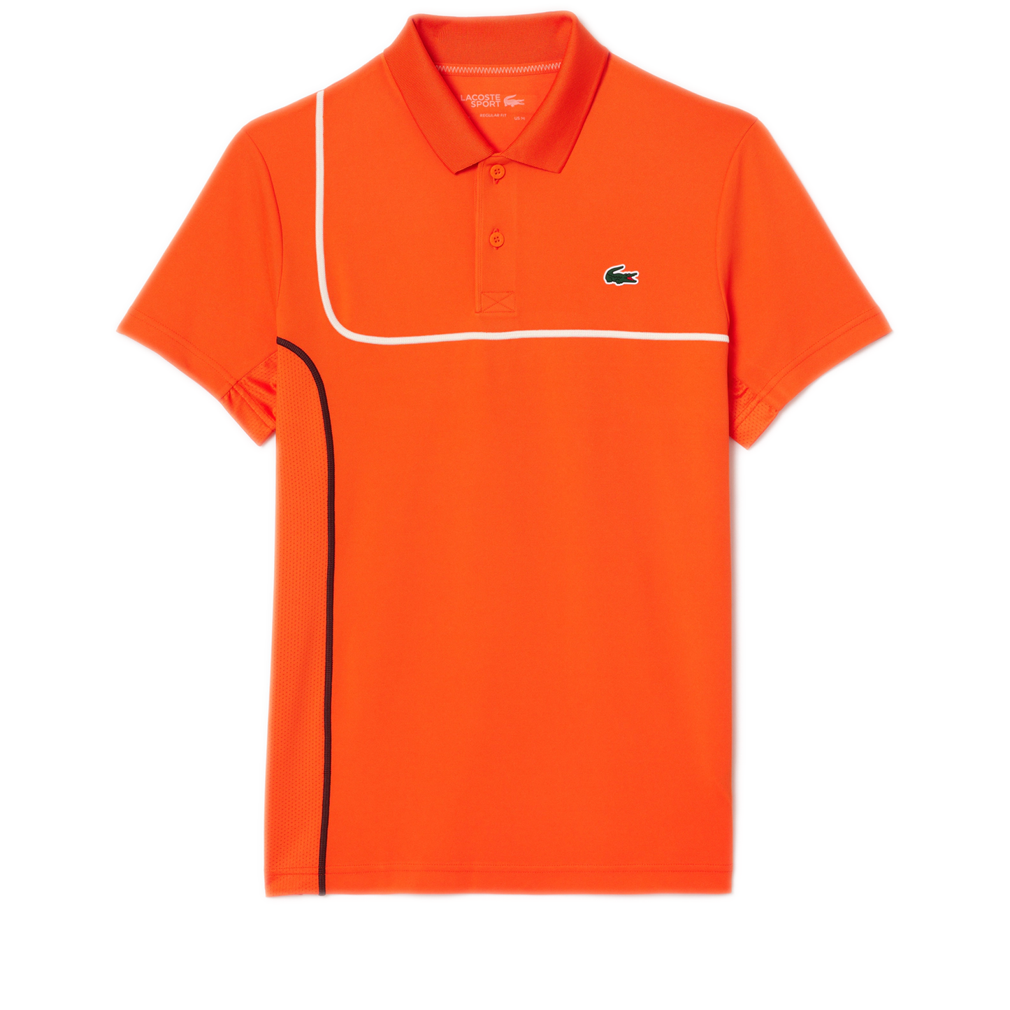 A men's orange Lacoste Regular Fit Ultra Dry Piqué Tennis Polo shirt with a classic collar and short sleeves.