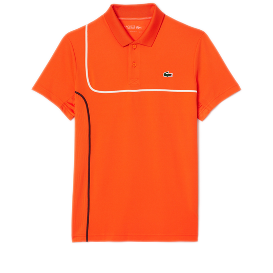 A men's orange Lacoste Regular Fit Ultra Dry Piqué Tennis Polo shirt with a classic collar and short sleeves.