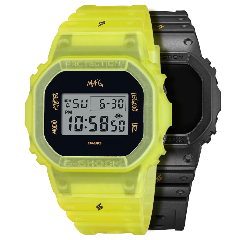 Casio G-Shock and J BALVIN DWE5600JB-1A9 Watch with a translucent matte yellow band and black case, displayed next to its black band variant.