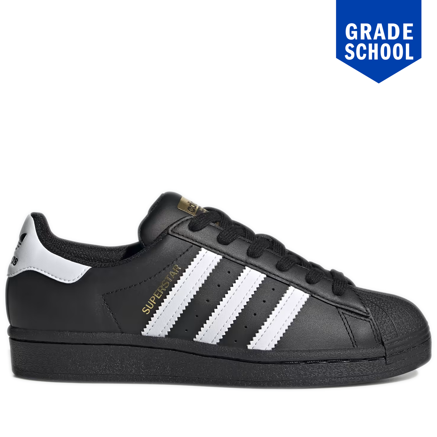 Grade School Adidas Superstar J Shoes in black with white stripes and a black shell toe.