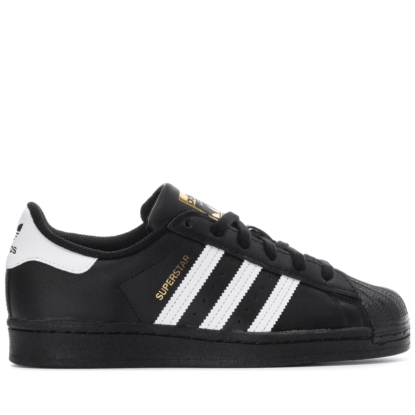 Black Adidas Superstar sneaker with white stripes on a white background