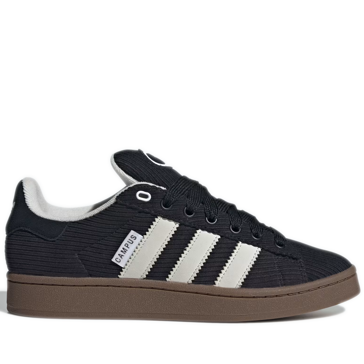 Men's Adidas Campus 00s shoes in black with white stripes and a gum sole.