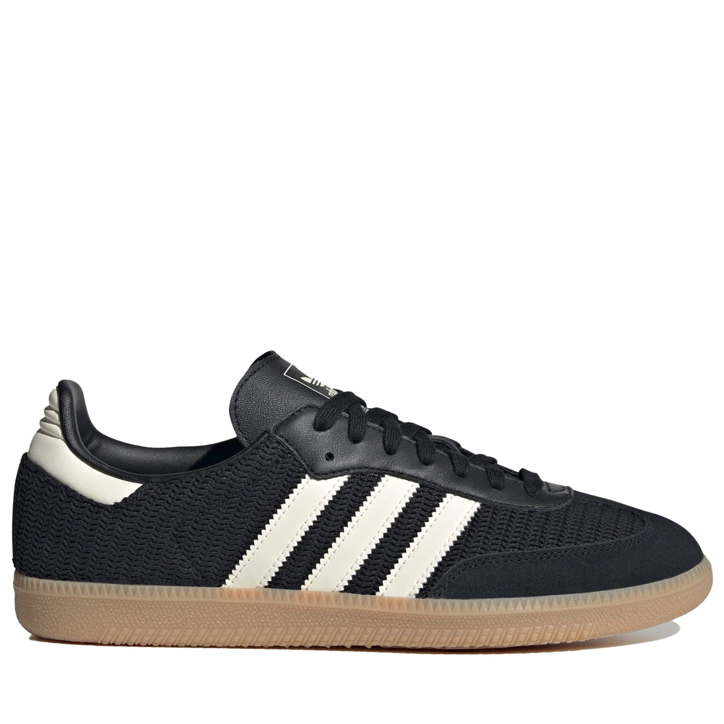 Men's Adidas Samba OG Shoes in black, cream, and magic beige colors, featuring a mesh upper, suede overlays, and a rubber outsole.
