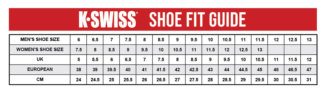 K-Swiss shoe size chart for men, women, and European sizes on a red background.