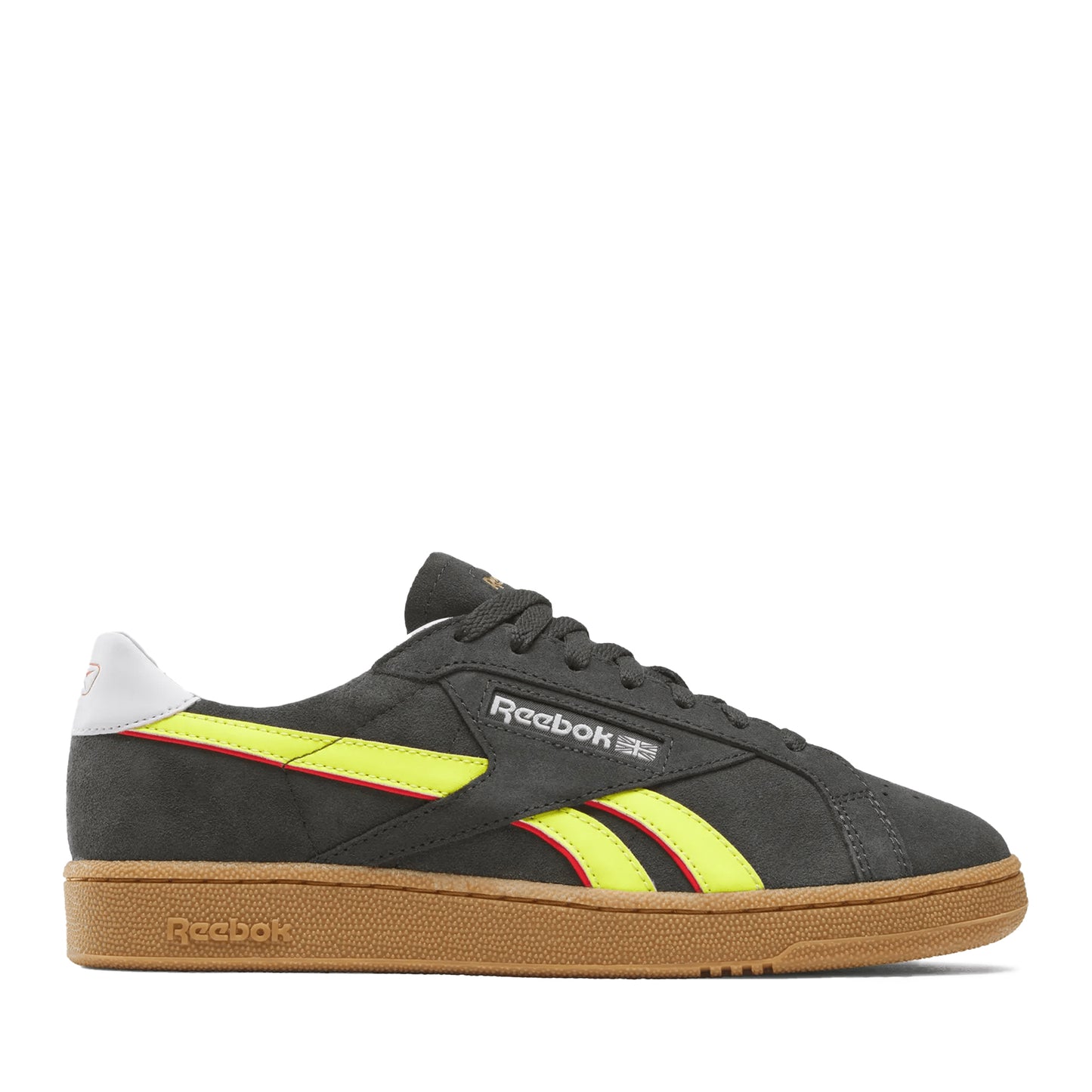 Men's Reebok Club C Grounds UK sneakers in black and electric yellow colors, featuring a leather upper with synthetic accents and a flat sole.