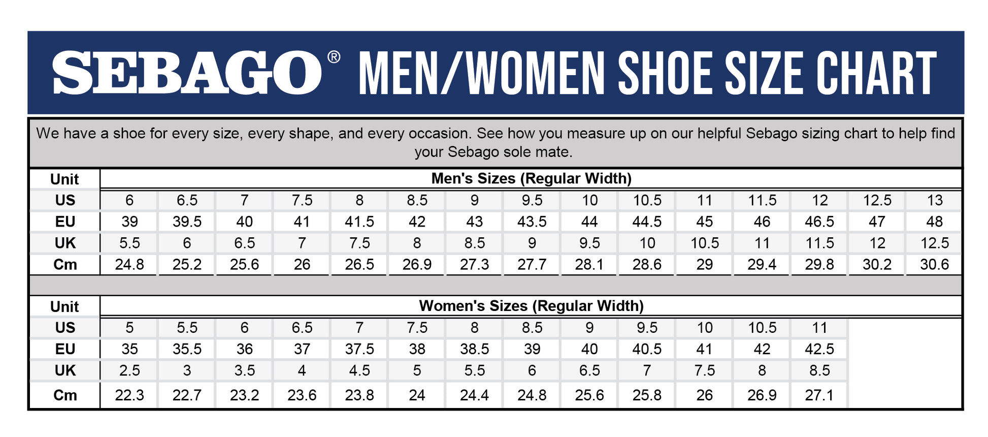 Sebago men's and women's shoe size chart on a blue background