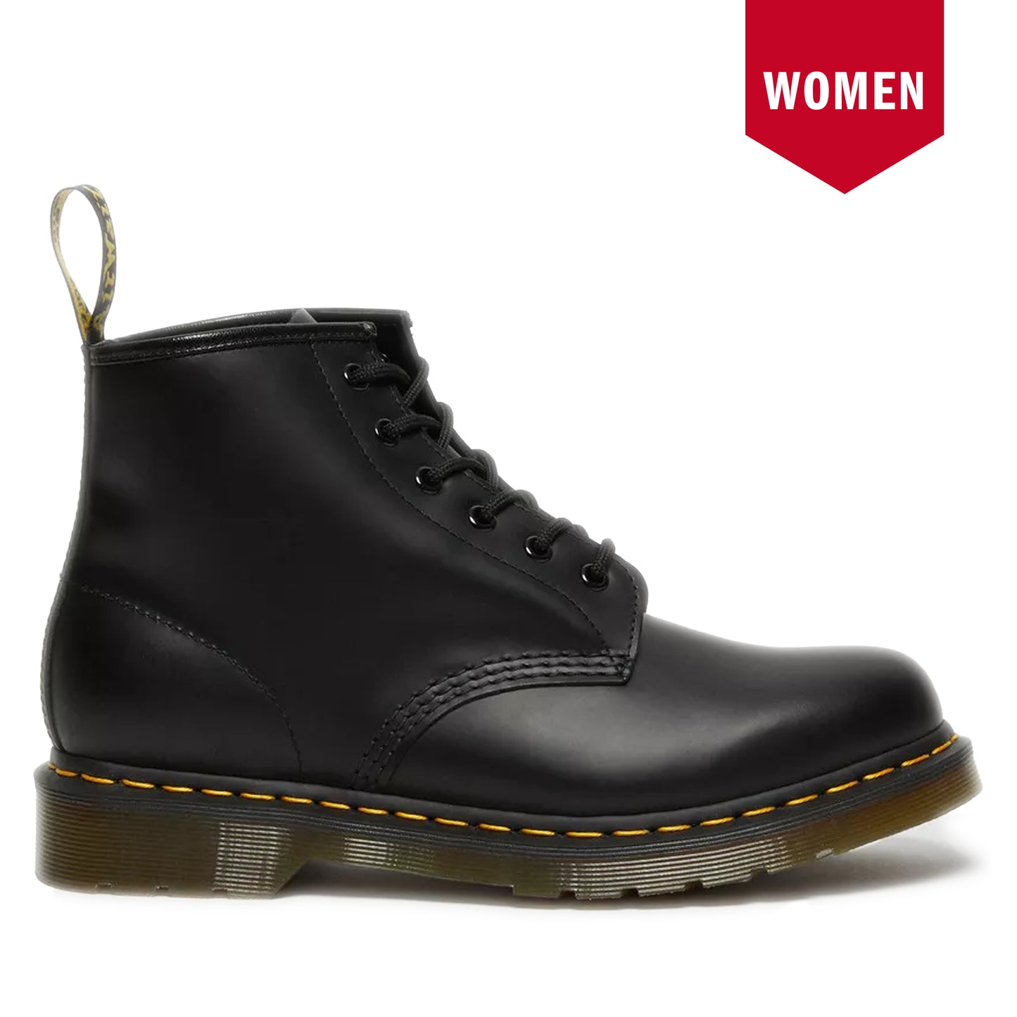 Women's Dr. Martens 101 Yellow Stitch Smooth Leather Ankle Boots - Black Smooth