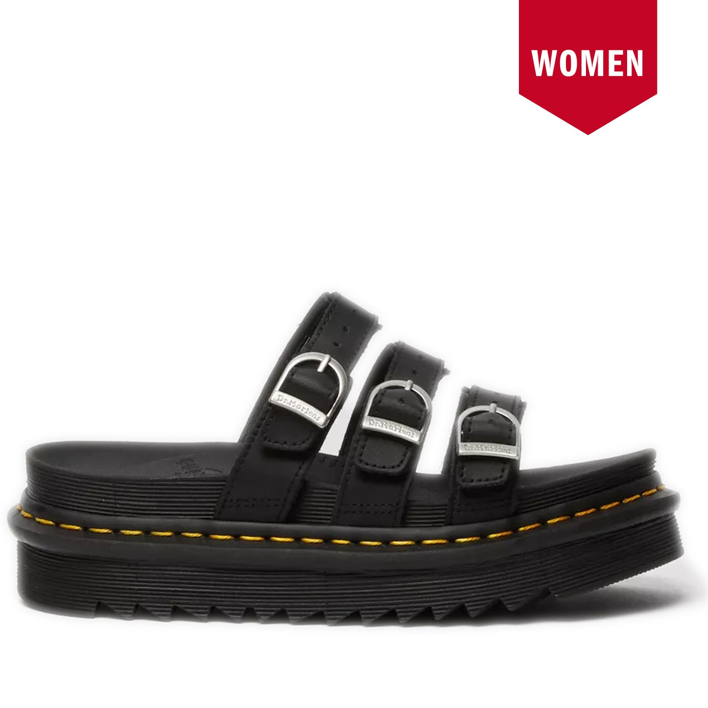 Women's Dr. Martens Blaire Leather Slide Sandals in black color with three straps and metallic buckles, featuring yellow stitching on the sole.