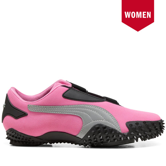 Pink and gray women's shoe with black sole on a white background