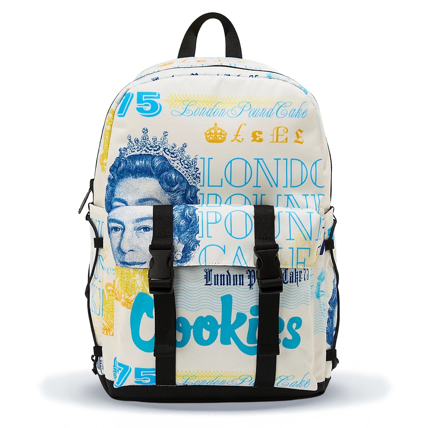 Backpack with a design featuring text and a portrait on a white background