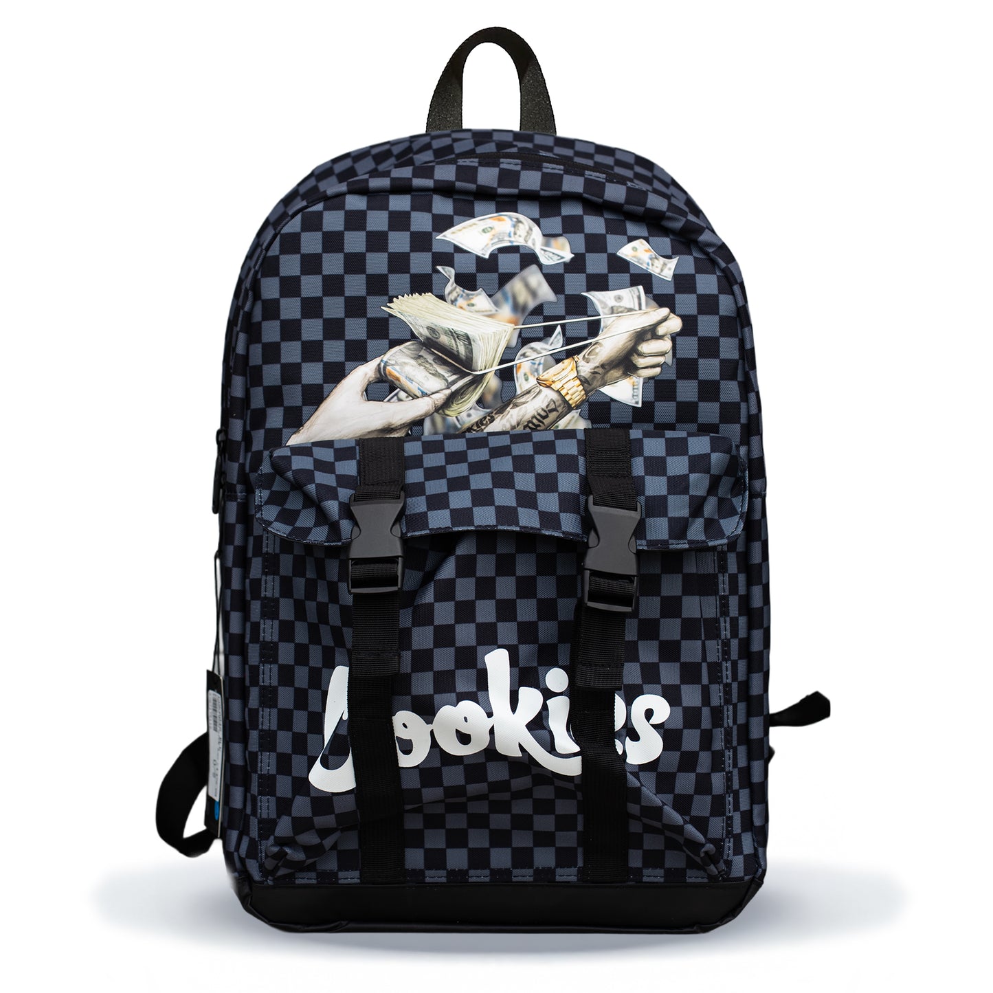 Checkered backpack with 'Cookies' branding on a white background