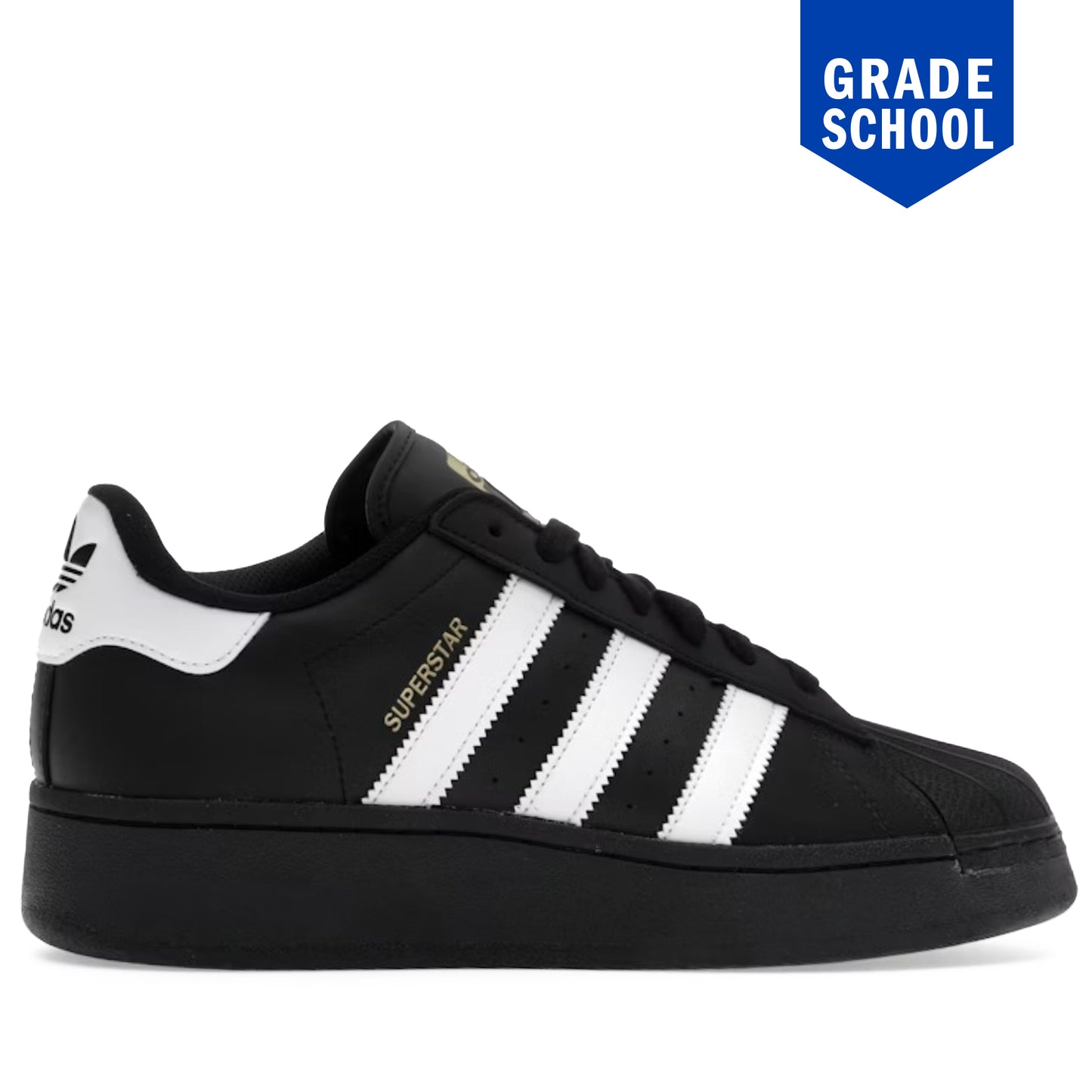 Black Adidas Superstar sneaker with white stripes on a white background