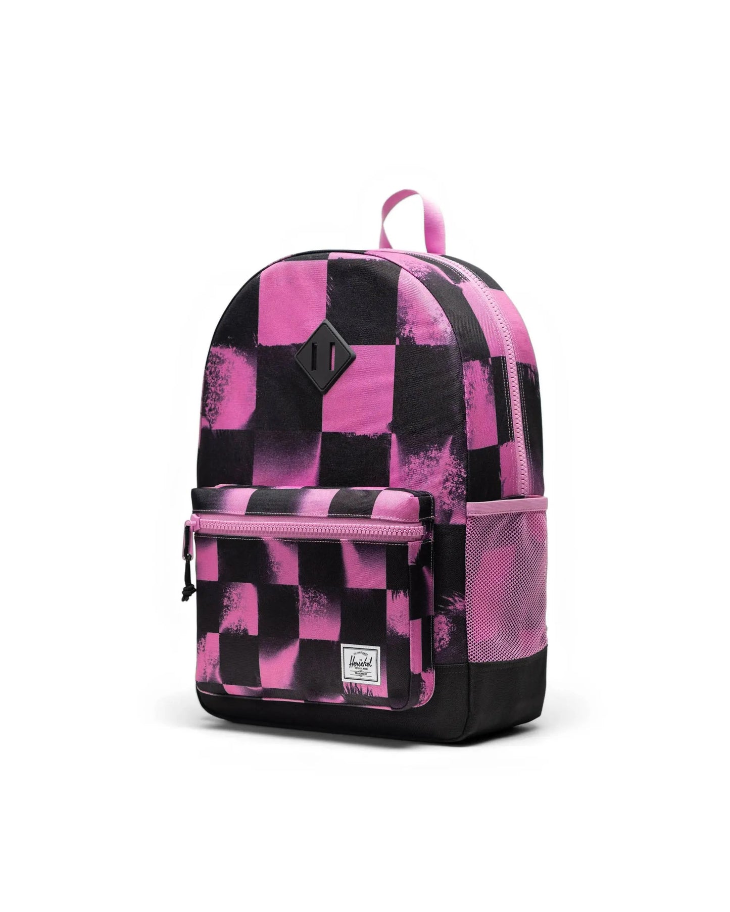 Backpack with pink and black checkered pattern on a white background