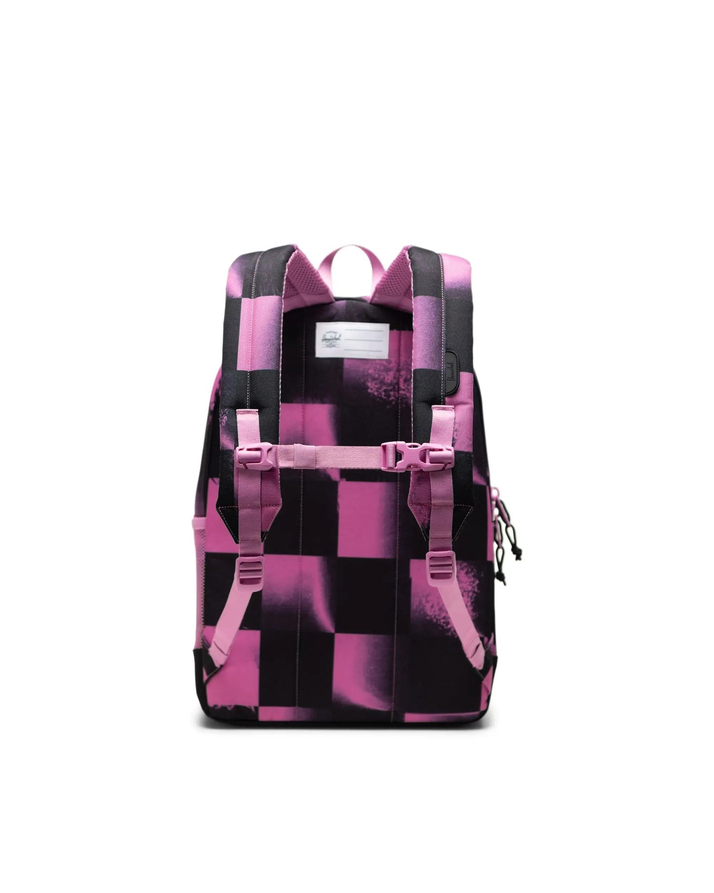 Pink and black checkered backpack on a white background