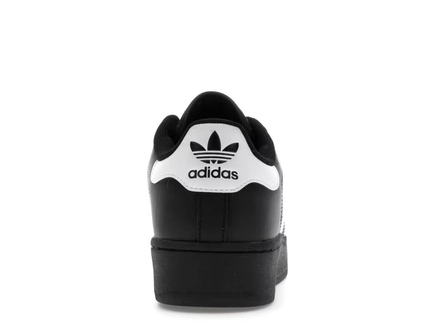 Black Adidas sneaker with white logo on a white background