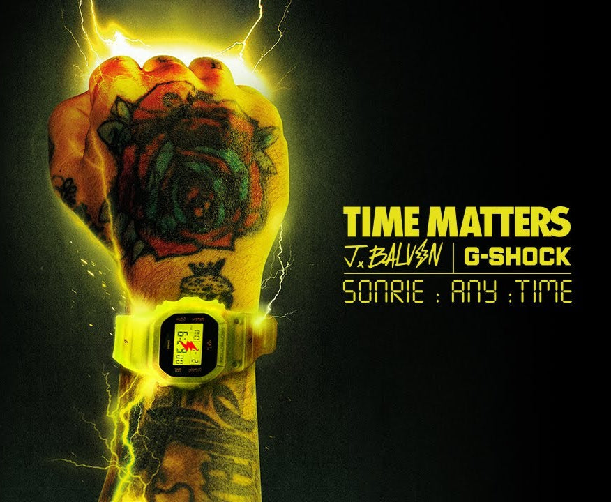 G-Shock watch on a tattooed arm with 'Time Matters' text