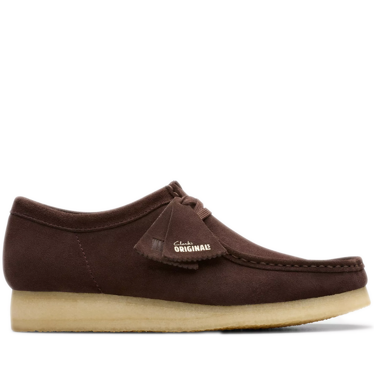 A dark brown suede Men's Clarks Wallabee Low shoe with a lace-up closure and a tan sole.