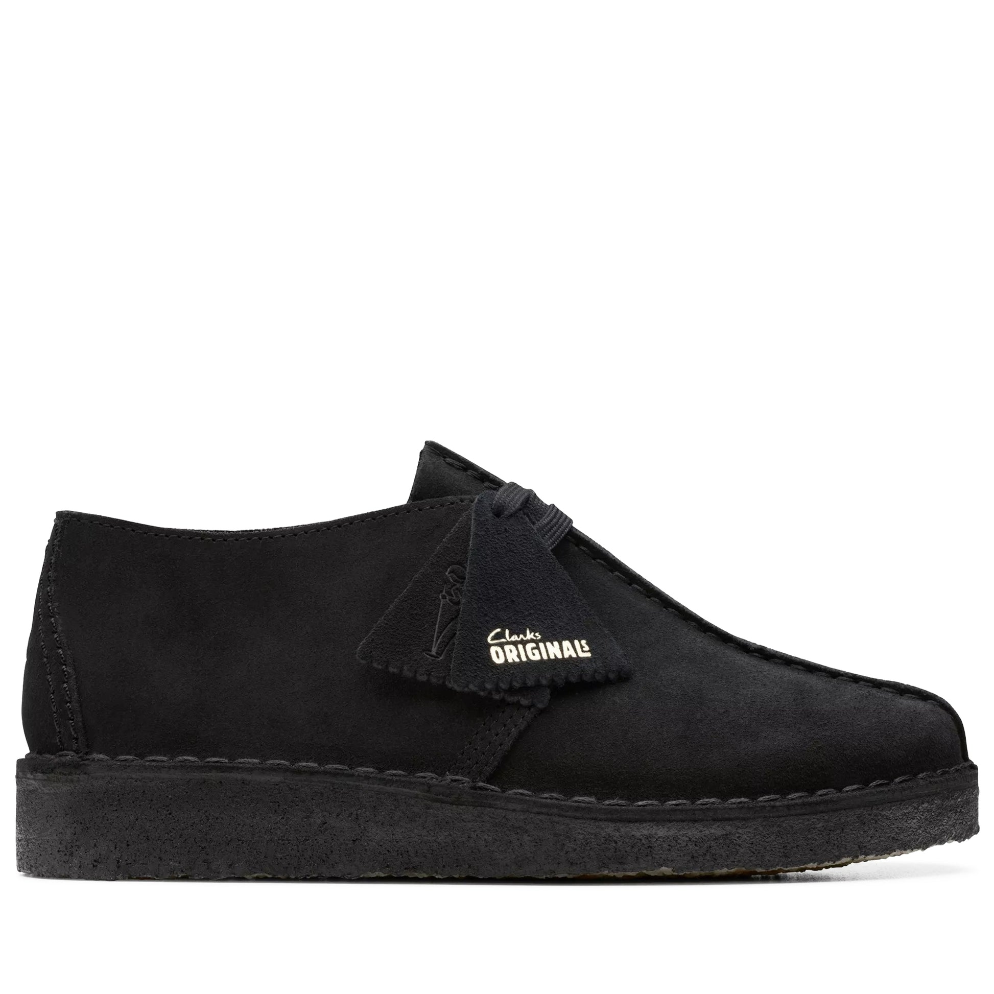 An icon crafted for everyday wear, the Desert Trek returns in timeless black ready for a season of ultra-versatile styling. Butter-soft suede uppers contrast perfectly with its natural crepe sole, while flat laces and our classic fobs lend a casual finish.
SKU:  55486-mens-clarks-desert-trek
