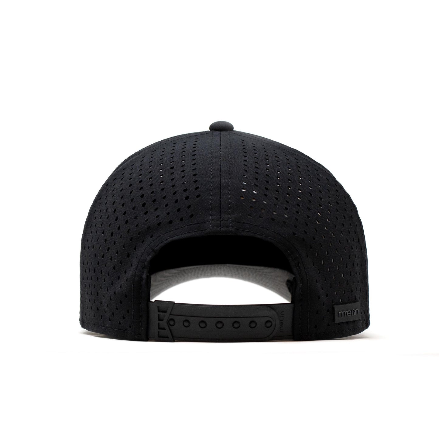 Black cap with perforated design on a white background