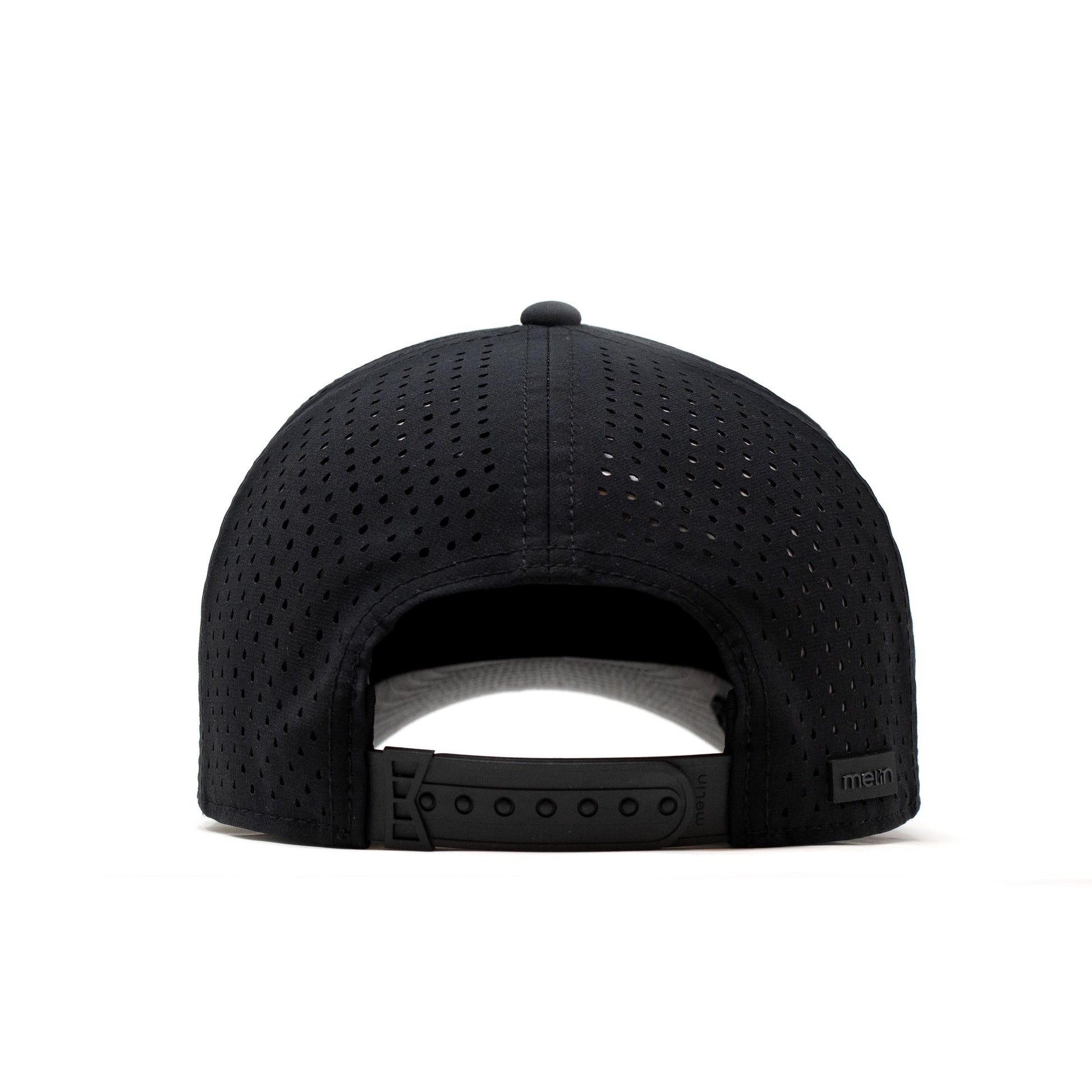 Black cap with perforated design on a white background