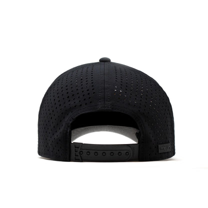 Black cap with perforated design on a white background