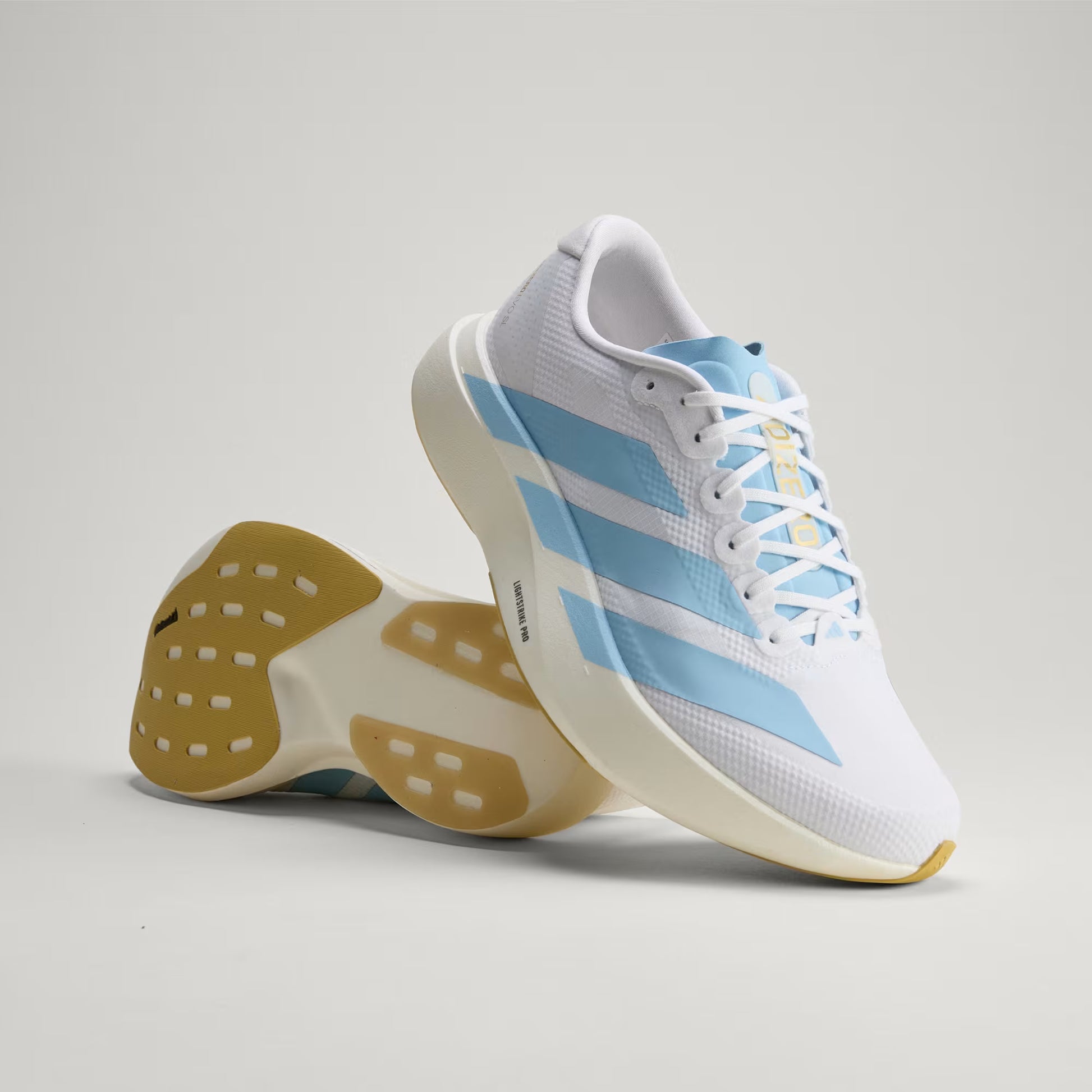 Men's Adidas Adizero Evo SL Woven - Cloud White / Clear Blue / Matte Gold