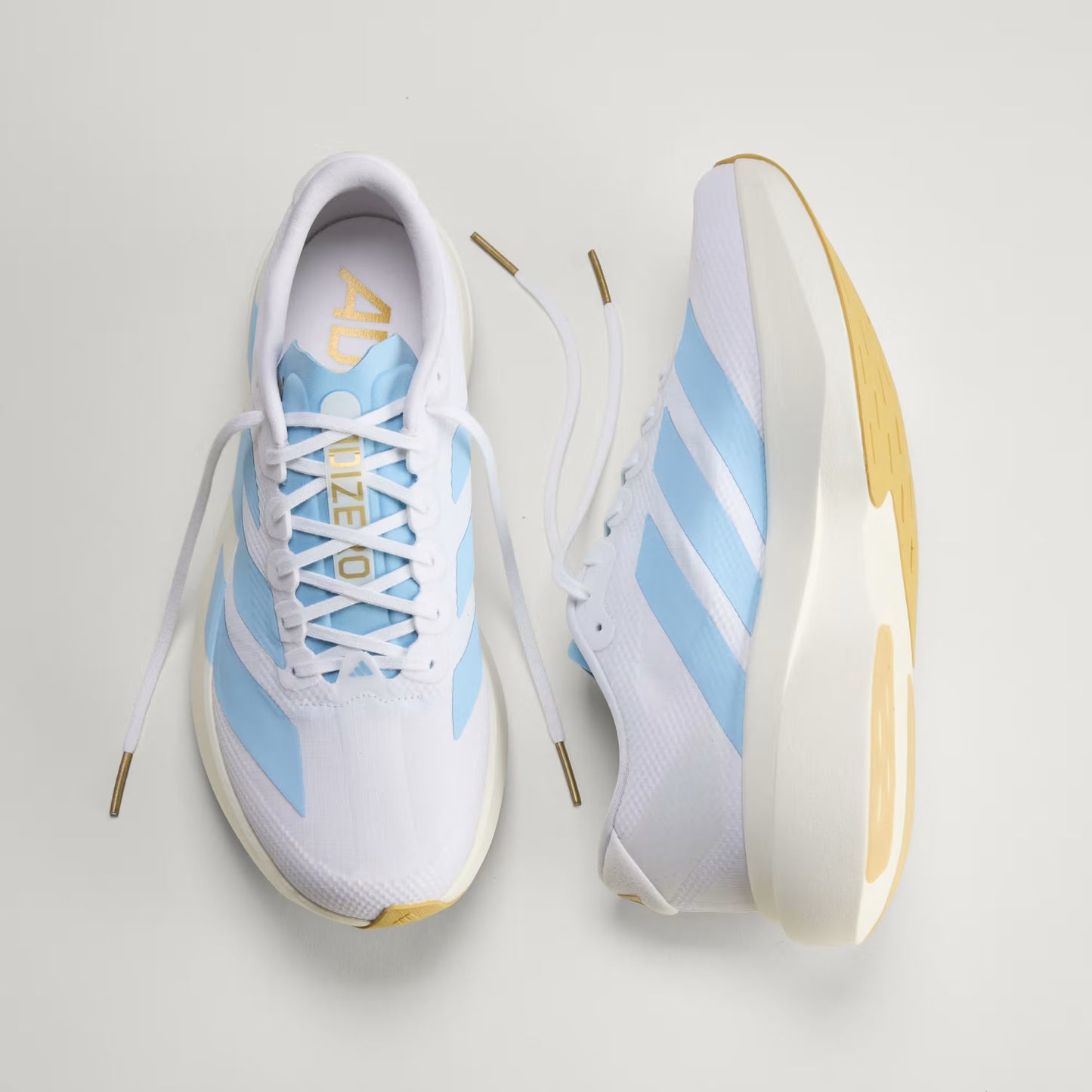 Men's Adidas Adizero Evo SL Woven - Cloud White / Clear Blue / Matte Gold