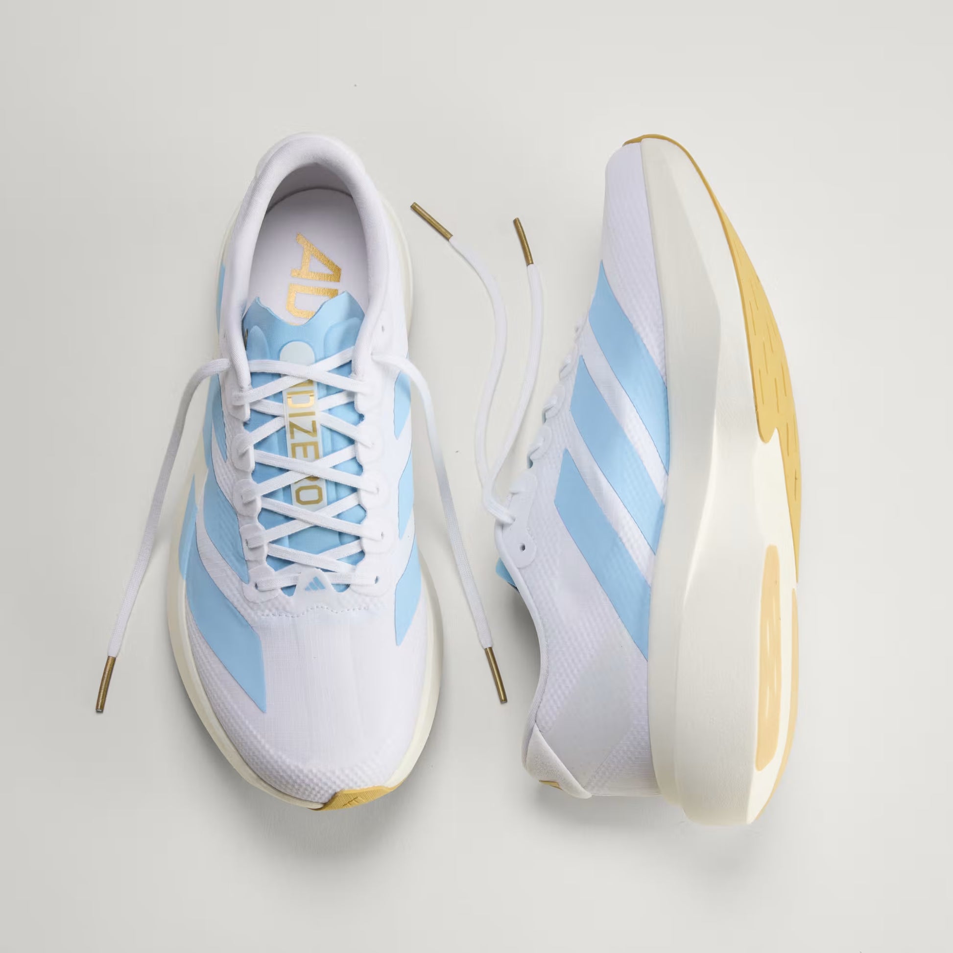 Men's Adidas Adizero Evo SL Woven - Cloud White / Clear Blue / Matte Gold