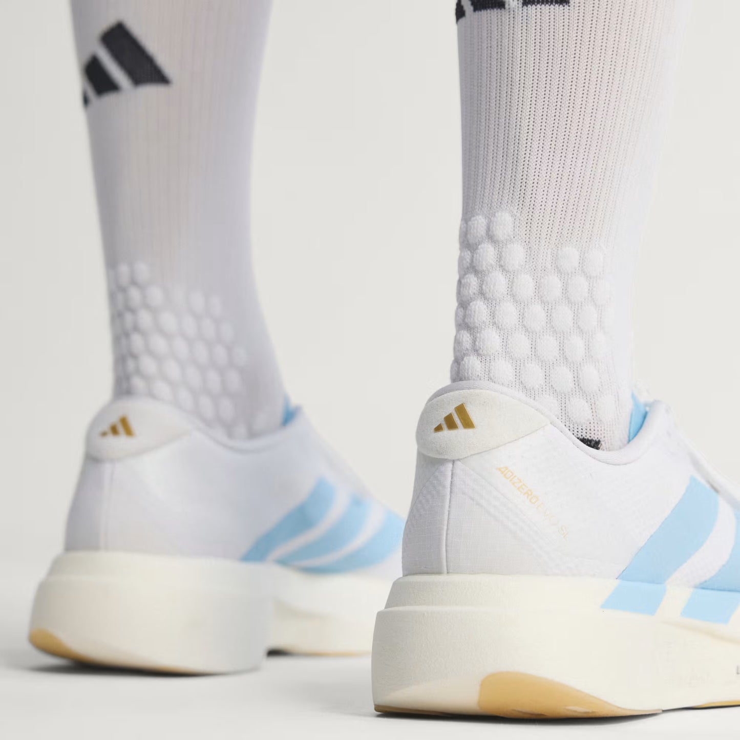 Men's Adidas Adizero Evo SL Woven - Cloud White / Clear Blue / Matte Gold