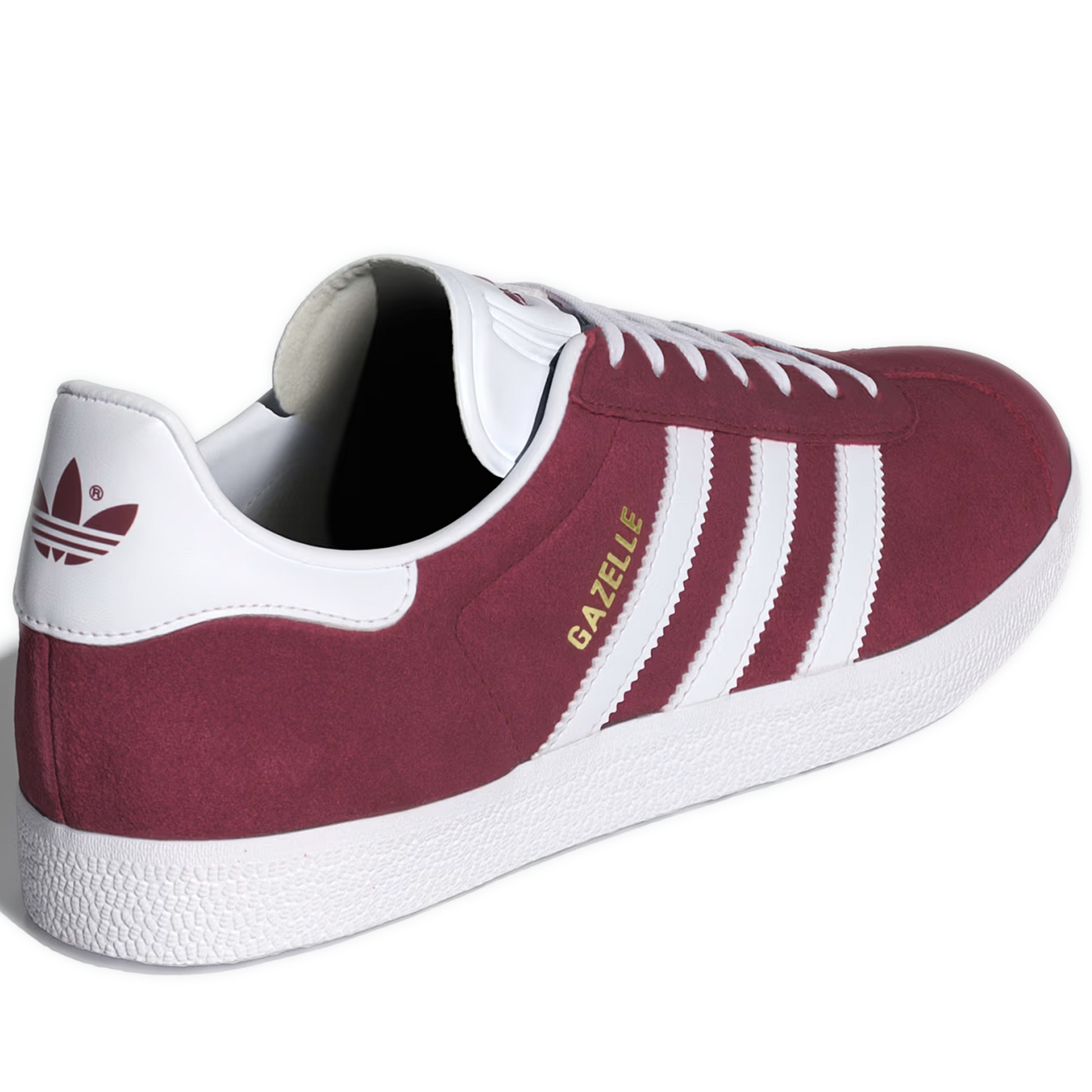 Men's Adidas Gazelle Shoes - Collegiate Burgundy / Cloud White / Gold Metallic Heel Side