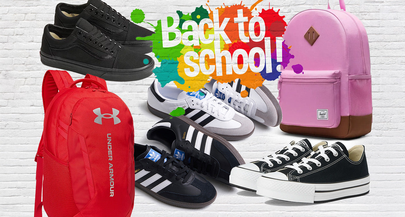 A collage of multiple products on a white brick background with a colorful 'Back to school!' graphic. Visible items include several pairs of sneakers and two backpacks: a red Under Armour backpack, a pink backpack, black low-top sneakers, white and gray sneakers, and black-and-white Converse-style sneakers.