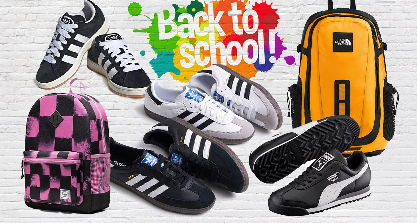 Collection of school shoes and backpacks with 'Back to School' text on a white background