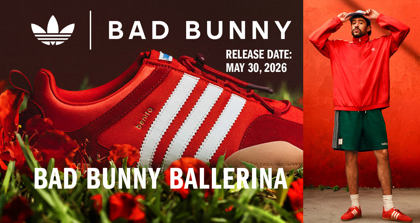 Promotional image for Adidas Bad Bunny Ballerina shoes with a release date and person wearing the shoes.