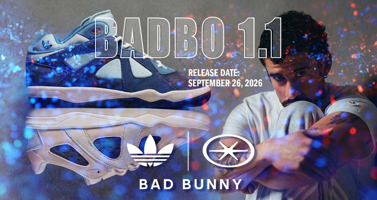 Promotional graphic for the Adidas x Starcraft Bad Bunny 'Badbo 1.1' sneaker, featuring a blue and white sneaker, the Adidas trefoil logo, the Starcraft logo, and a photo of Bad Bunny with release date text.