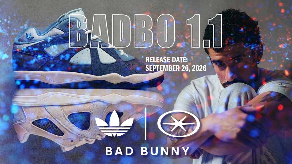 Promotional graphic for the Adidas x Bad Bunny 'Badbo 1.1' sneaker, featuring a blue and white sneaker on the left, a blurred photo of Bad Bunny on the right, and the Adidas and Bad Bunny logos at the bottom.