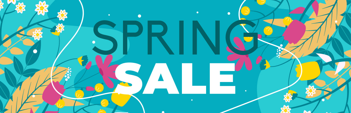 Spring sale banner with floral elements on a blue background