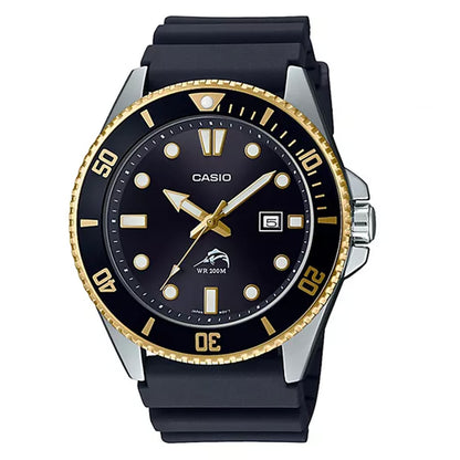 Casio watch with a black dial and black rubber strap, featuring a gold-tone bezel, gold hands, and silver-tone case sides on a white background.