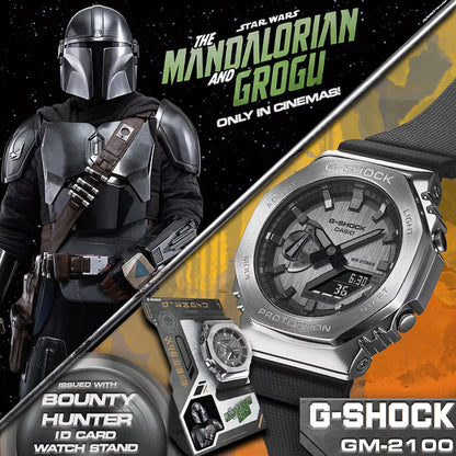 G-SHOCK watch with 'The Mandalorian' and 'Grogu' branding, featuring a character in armor.