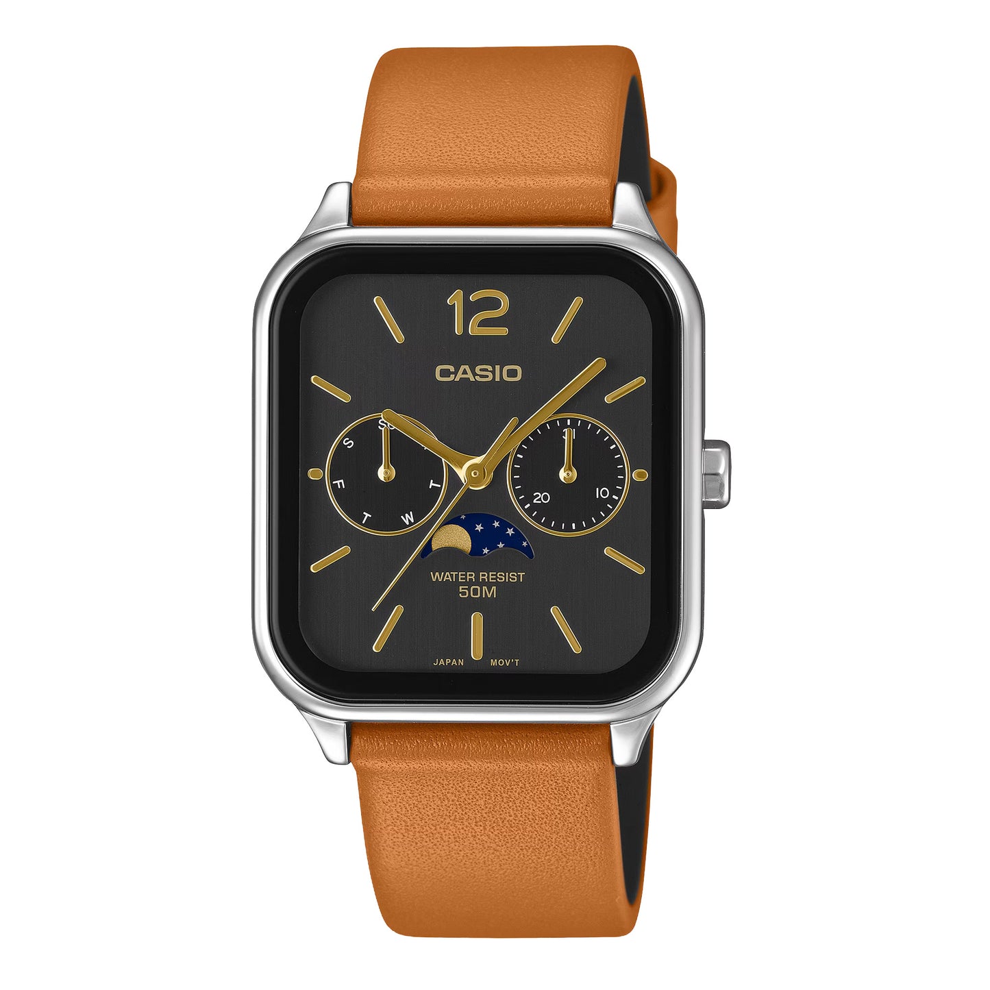 Casio Moon Phase MTP-M305LC-1AV Leather Watch - Tan/Black Tan Black Silver