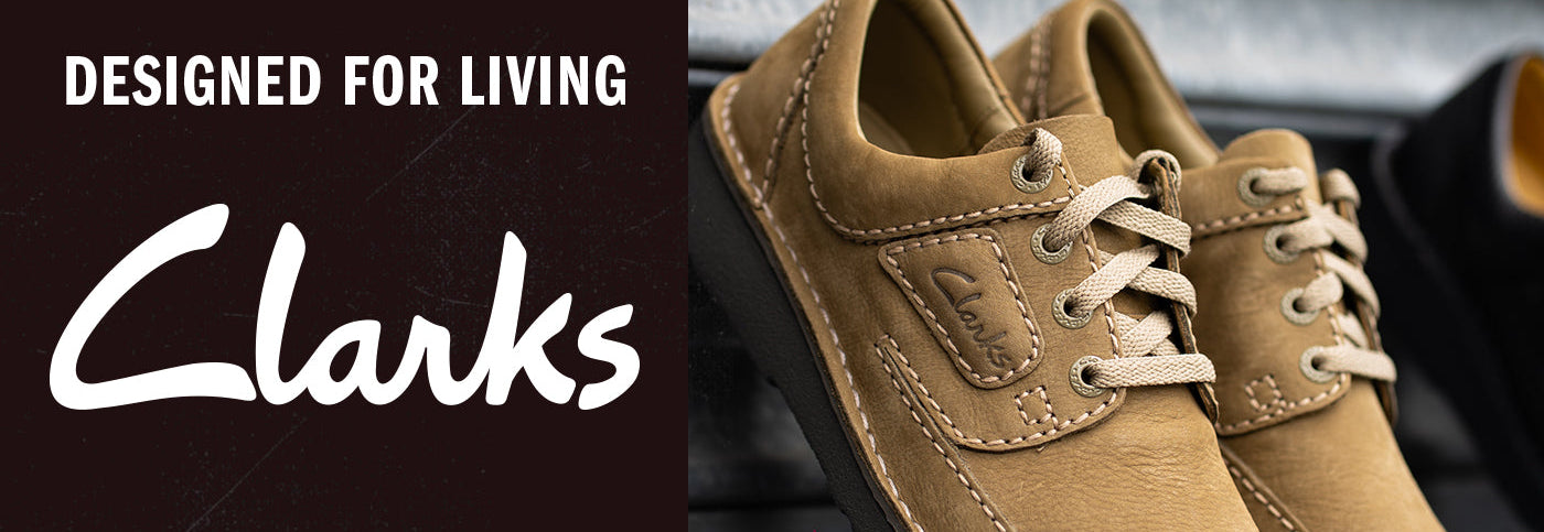 Brown Clarks shoes with text 'Designed for Living' and 'Nature II - Classic Look & Comfort Fit'.