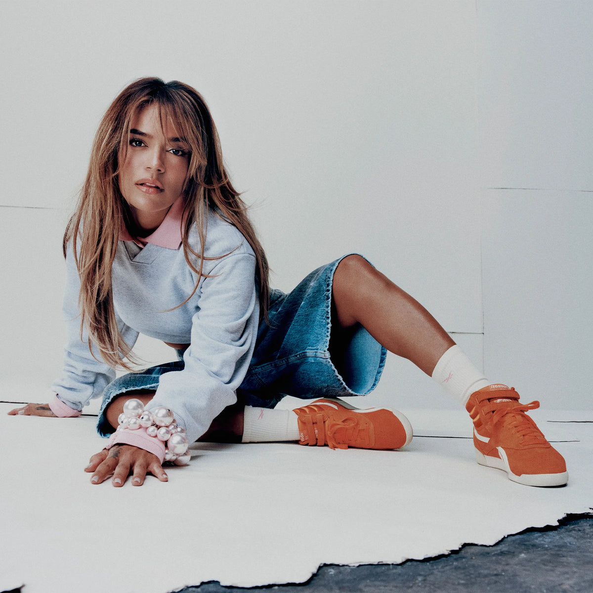 Women's Reebok Freestyle Hi x Karol G collab - Arena Orange/Chalk/Vintage Chalk