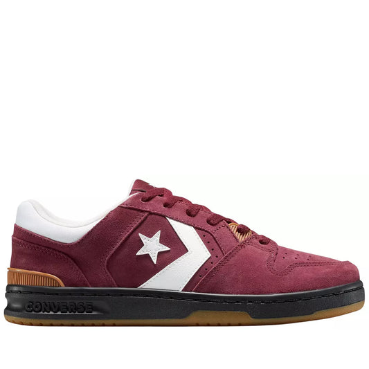 Maroon sneaker with white star logo on a white background