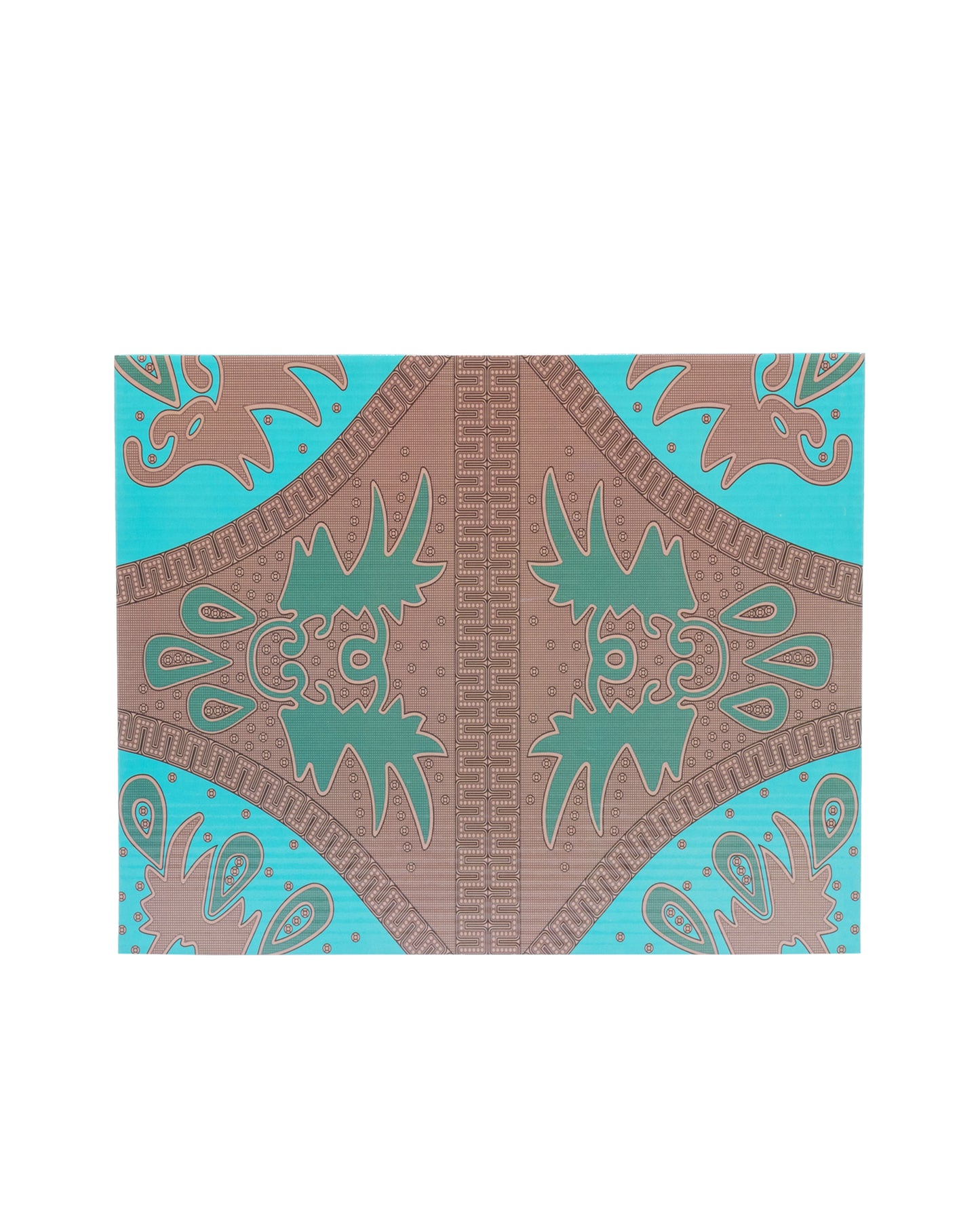 A square textile or fabric sample with an intricate geometric and tribal-inspired pattern, featuring turquoise blue, brown, and green elements on a white background.
