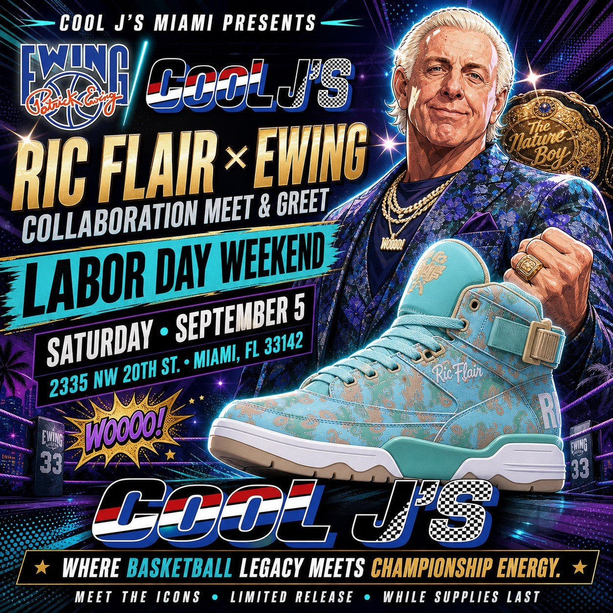 Promotional graphic for a Cool J's x Ric Flair x Ewing basketball-themed meet and greet event on Labor Day Weekend, featuring a large turquoise and gold high-top sneaker with a portrait of Ric Flair and event text on a dark neon background.