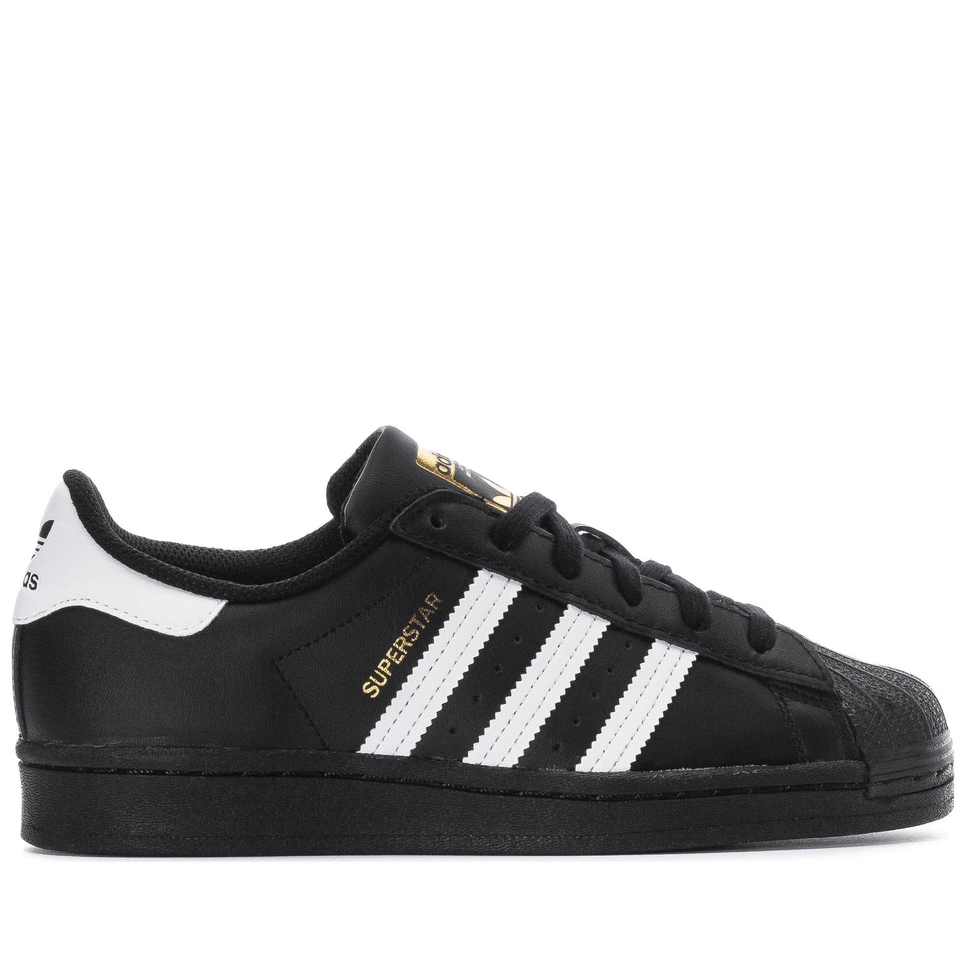 Black Adidas Superstar sneaker with white stripes on a white background