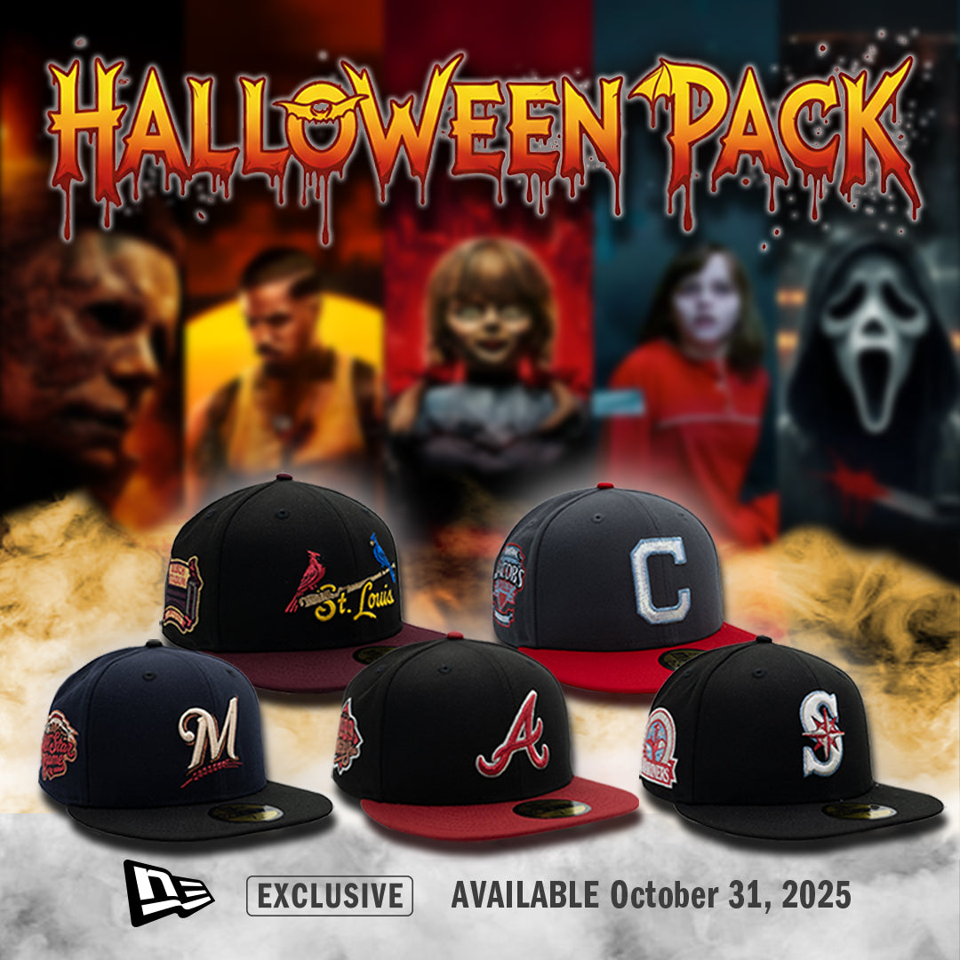 Promotional image for a Halloween-themed hat pack with various logos and characters in the background.